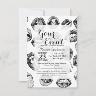 Hand Drawn Luscious Lips in Black and White Invitation