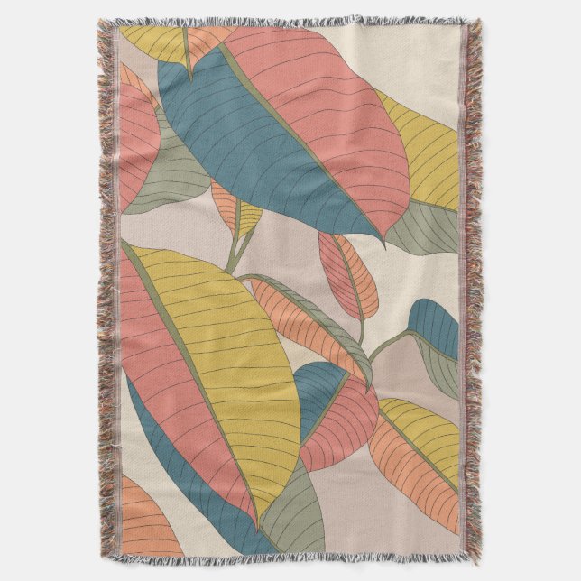 Hand-Drawn Magnolia Tree Leaves Cotton Woven Blank Throw Blanket (Front Vertical)