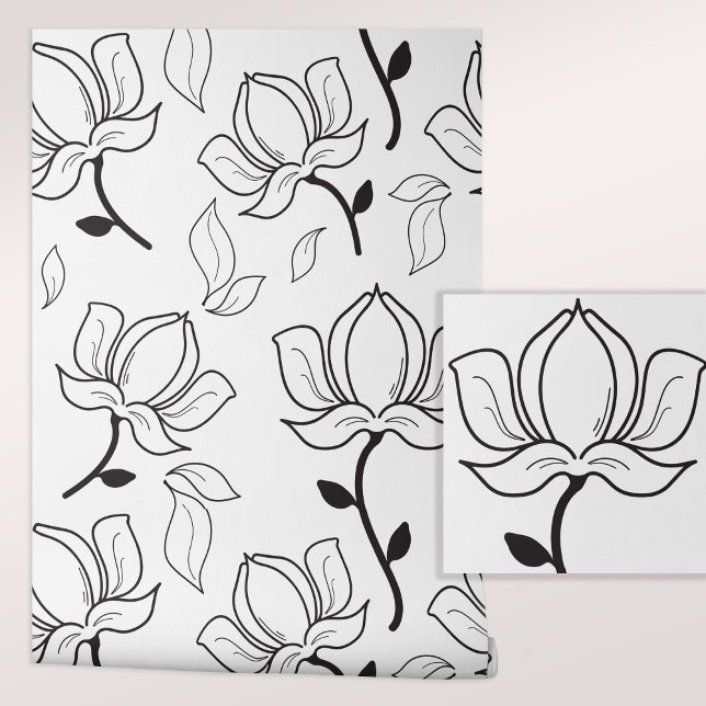 Hand Drawn Magnolias Floral Black White Wallpaper (Stylish Magnolia Pattern Peel and Stick Wallpaper.)