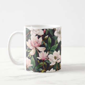Hand-drawn magnolias: watercolor seamless. coffee mug