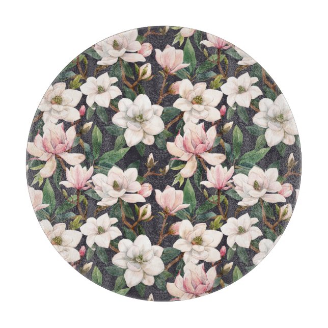 Hand-drawn magnolias: watercolor seamless. cutting board (Front)