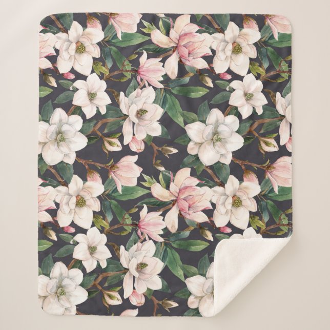 Hand-drawn magnolias: watercolor seamless. sherpa blanket (Front)