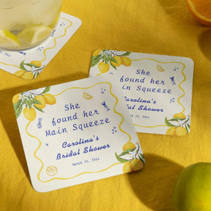 Hand Drawn Main Squeeze Bridal Shower Lemon Square Paper Coaster