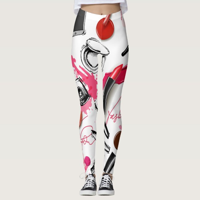 Hand-drawn makeup, vintage graphic pattern. leggings (Front)
