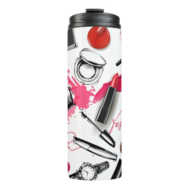 Hand-drawn makeup, vintage graphic pattern. thermal tumbler (Front)