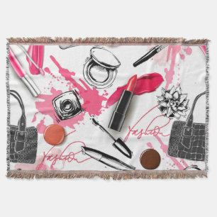 Hand-drawn makeup, vintage graphic pattern. throw blanket