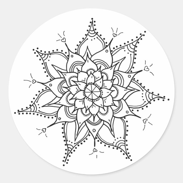 Hand Drawn, Mandala, Black and White, Zen, Heart Classic Round Sticker (Front)