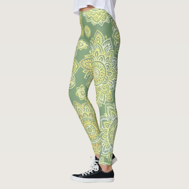 Hand Drawn Mandala Boho Sage Green Leggings (Left)