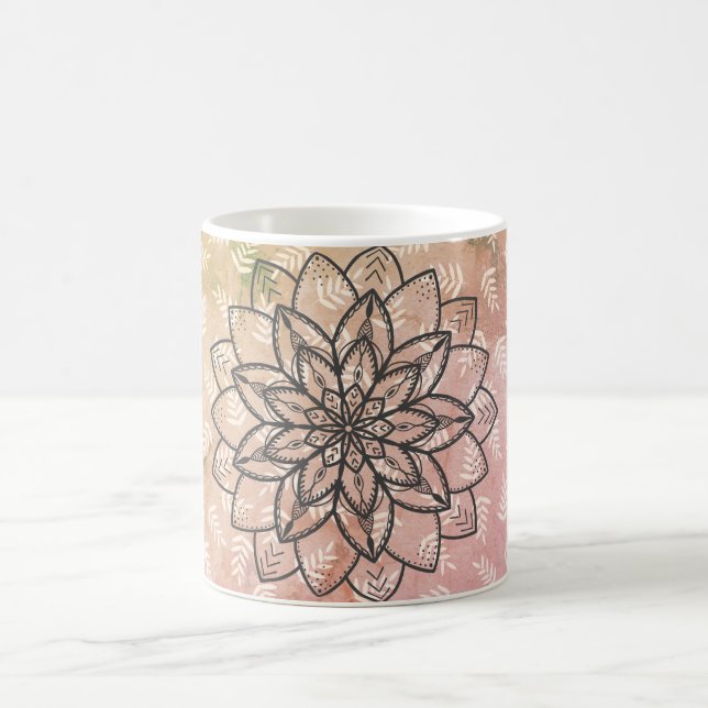 Hand Drawn Mandala Flower on Leaves Coffee Mug (Center)