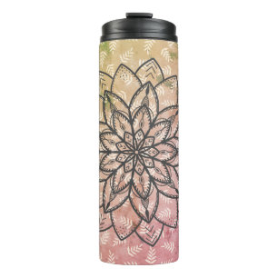Hand Drawn Mandala Flower on Leaves Thermal Tumbler