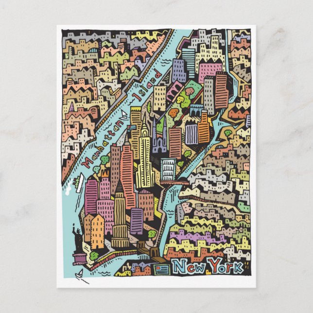 Hand Drawn Map of New York City Postcard (Front)