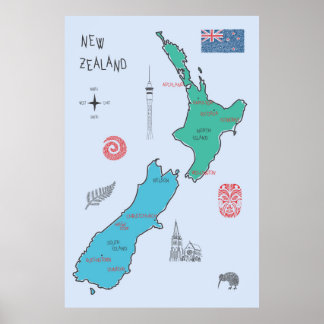 Hand-drawn map of New Zealand Poster
