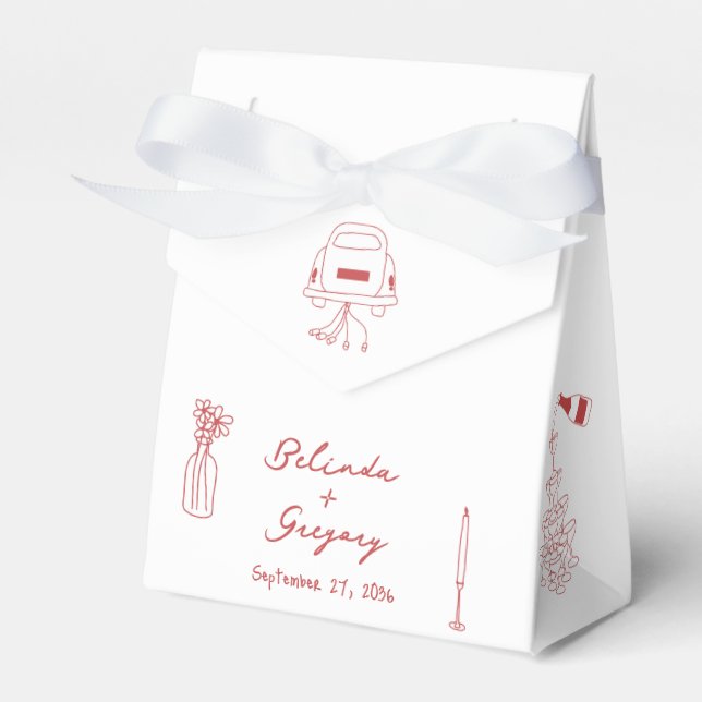 Hand Drawn Maroon Illustrations Doodles Wedding Favour Box (Front Side)