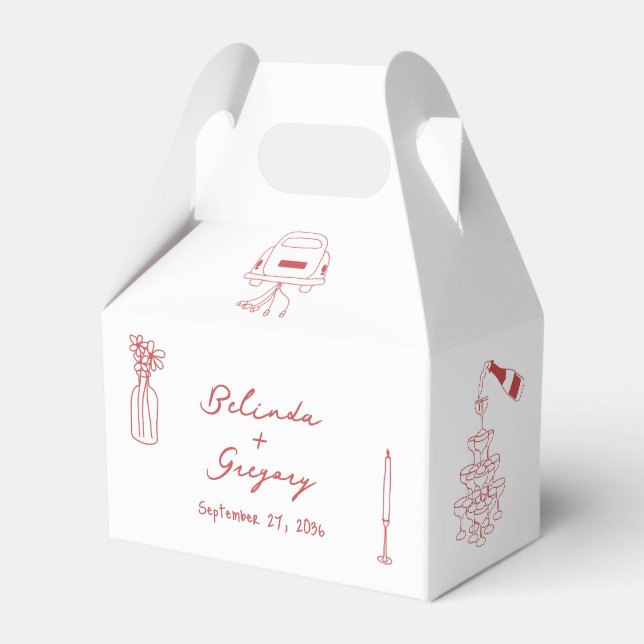 Hand Drawn Maroon Illustrations Doodles Wedding Favour Box (Front Side)
