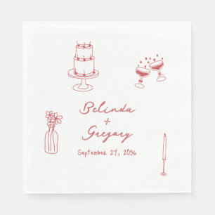 Hand Drawn Maroon Illustrations Doodles Wedding Napkin