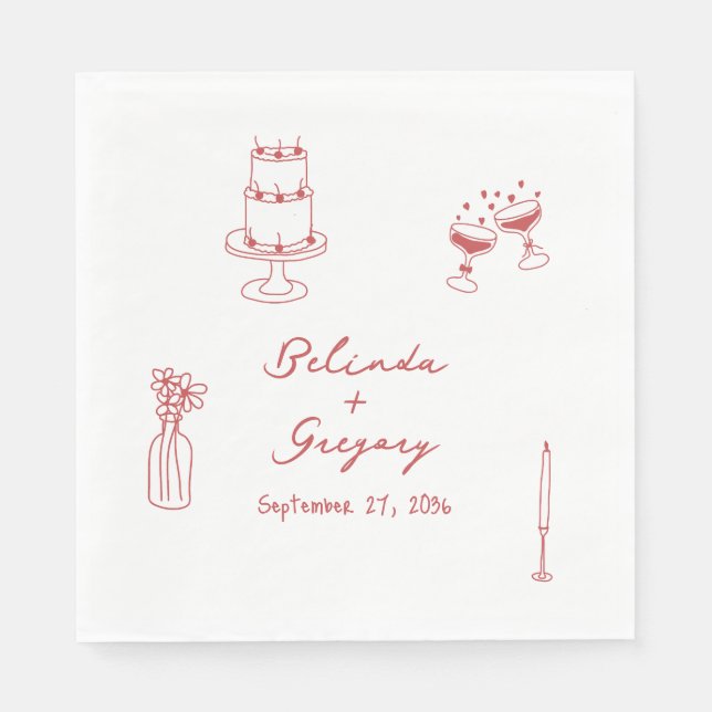 Hand Drawn Maroon Illustrations Doodles Wedding Napkin (Front)
