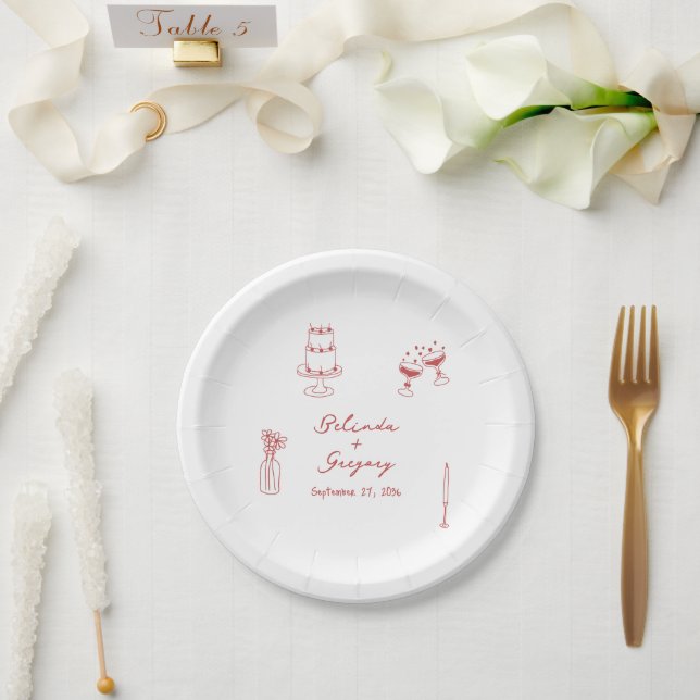 Hand Drawn Maroon Illustrations Doodles Wedding Paper Plate (Wedding)
