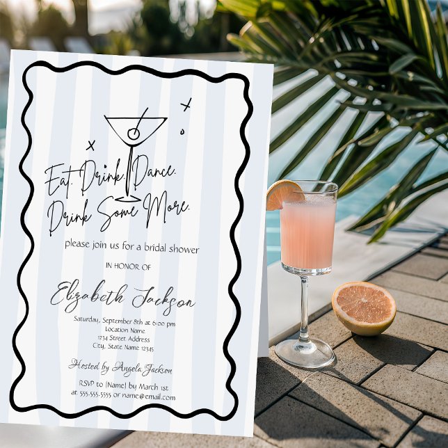  Hand-Drawn Martini Blue Stripes Bridal Shower Invitation (Creator Uploaded)
