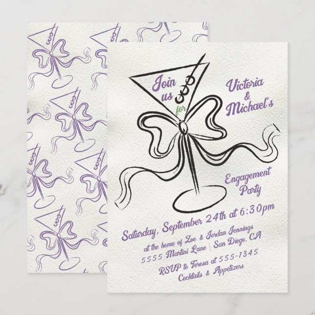 Hand Drawn Martini Bow Funky Engagement Party Invitation (Front/Back)