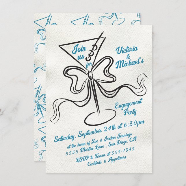 Hand Drawn Martini Bow Funky Engagement Party Invitation (Front/Back)