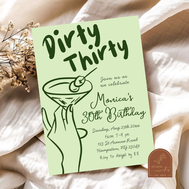 Hand Drawn Martini Dirty Thirty Adult Birthday Invitation (Creator Uploaded)