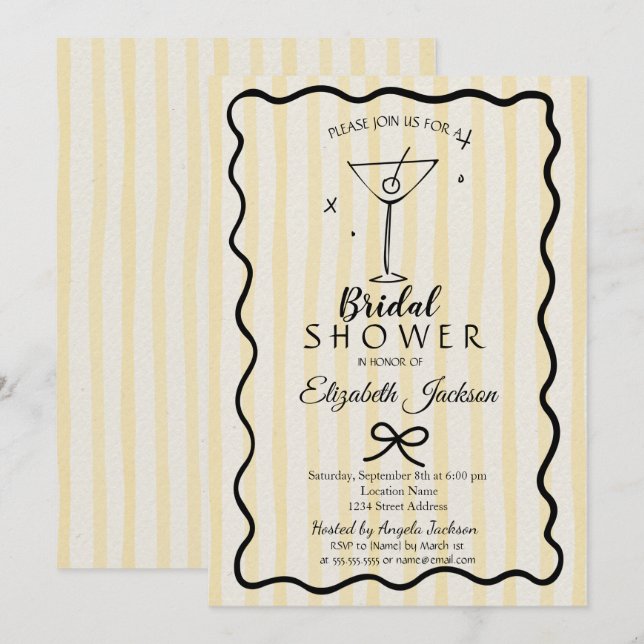 Hand-Drawn Martini Yellow Striped Bridal Shower  Invitation (Front/Back)