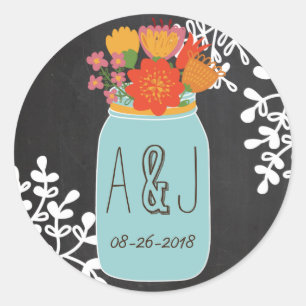 Hand Drawn Mason Jar & Flowers Chalkboard Monogram Classic Round Sticker