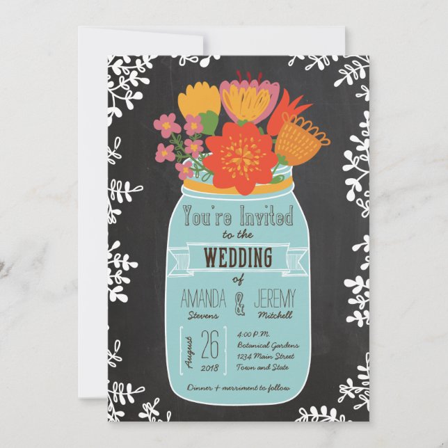 Hand Drawn Mason Jar with Flowers on Chalkboard Invitation (Front)