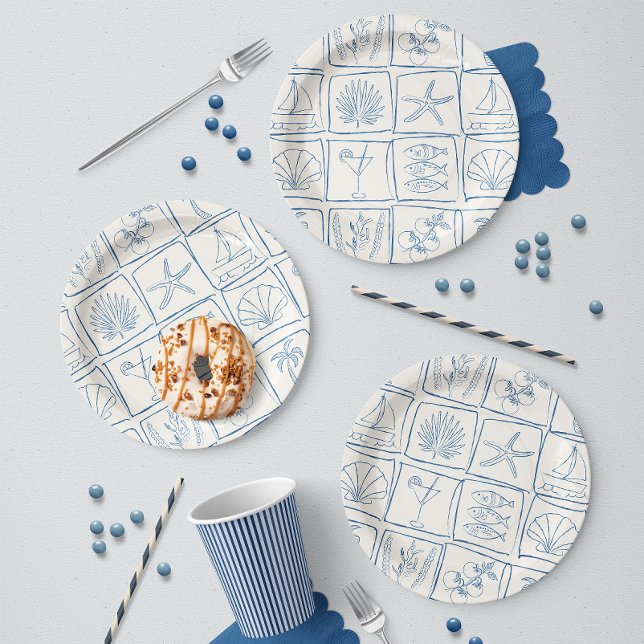 Hand-Drawn Mediterranean Coastal Tile Linen Cobalt Paper Plate (Creator Uploaded)