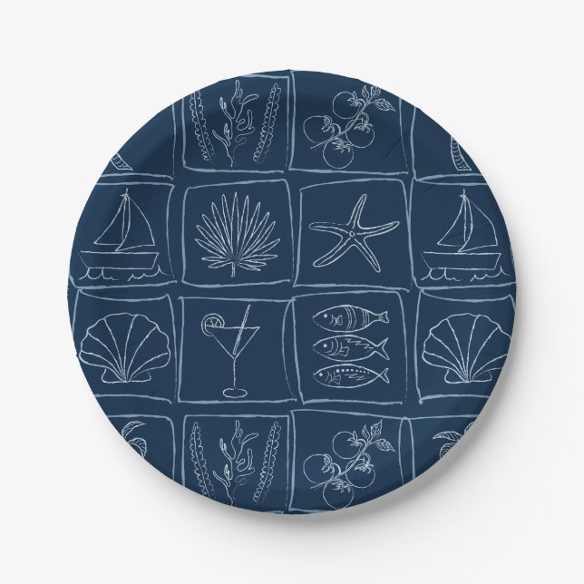 Hand-Drawn Mediterranean Coastal Tile Navy Paper Plate (Front)