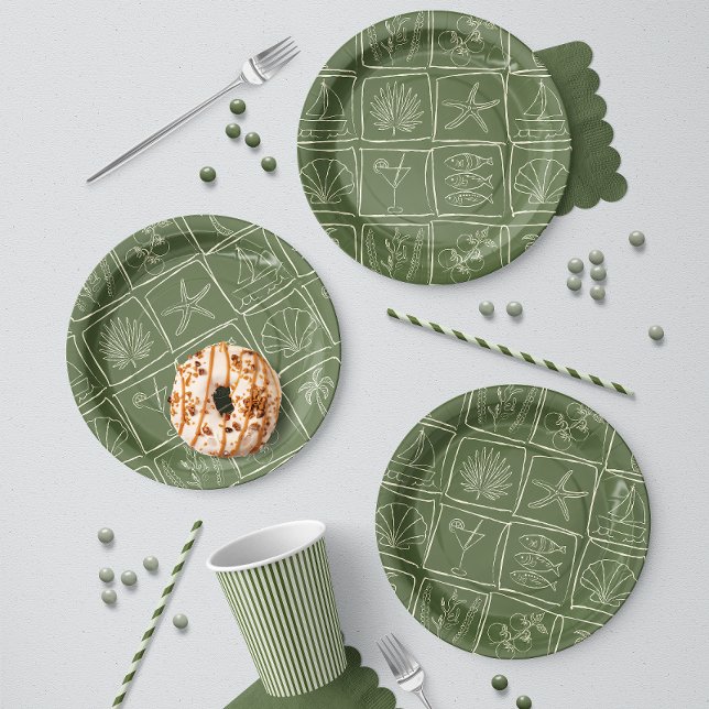Hand-Drawn Mediterranean Coastal Tile Olive Grove Paper Plate (Creator Uploaded)