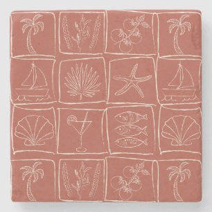 Hand-Drawn Mediterranean Faux Tile Terracotta Stone Coaster