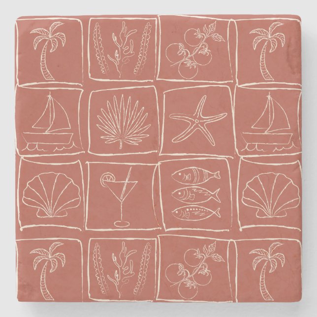 Hand-Drawn Mediterranean Faux Tile Terracotta  Stone Coaster (Front)