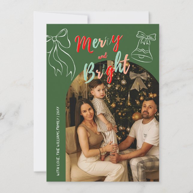 Hand Drawn Merry and Bright Arch Photo Christmas Holiday Card (Front)