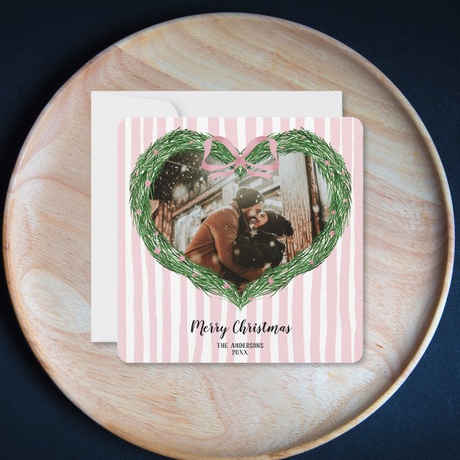 Hand Drawn Merry Christmas Heart Wreath Photo  Invitation (heart shaped christmas wreath with a pink bow
)