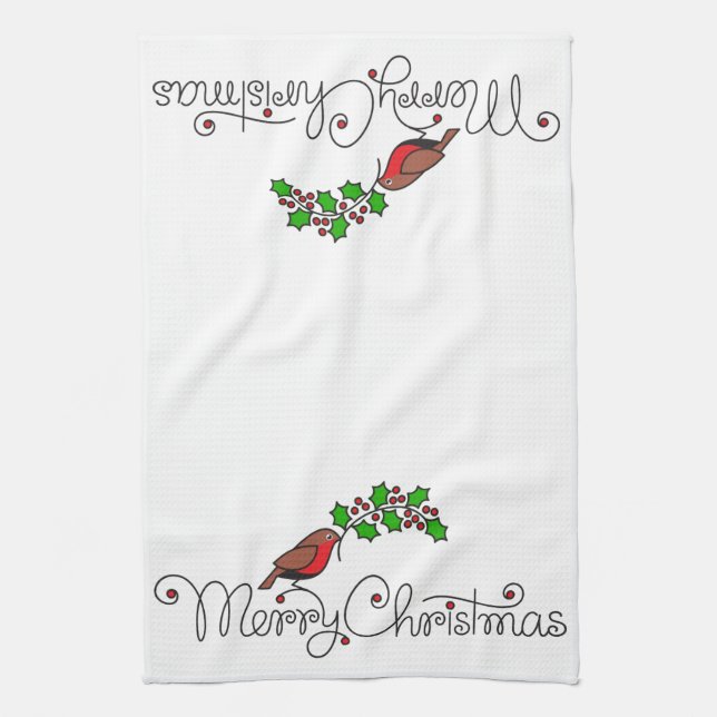 Hand-drawn Merry Christmas Robin with Holly Tea Towel (Vertical)