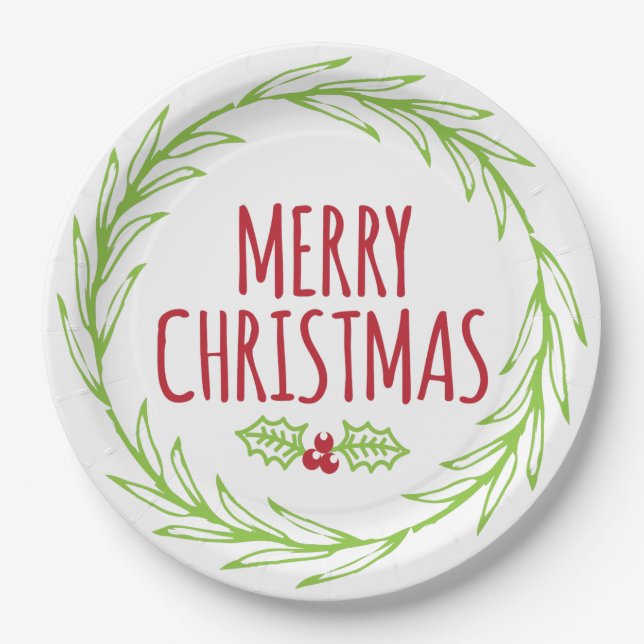 Hand Drawn Merry Christmas Wreath Paper Plates (Front)