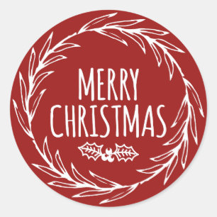 Hand Drawn Merry Christmas Wreath Sticker Gift Tag