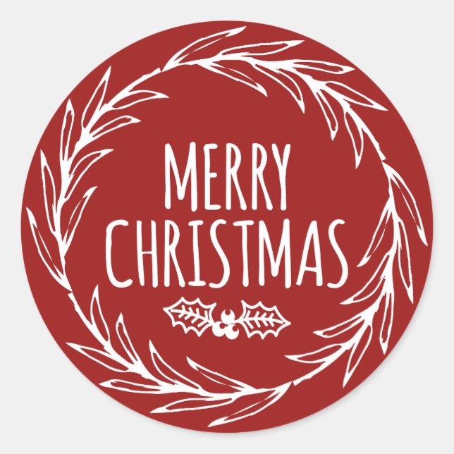 Hand Drawn Merry Christmas Wreath Sticker Gift Tag (Front)