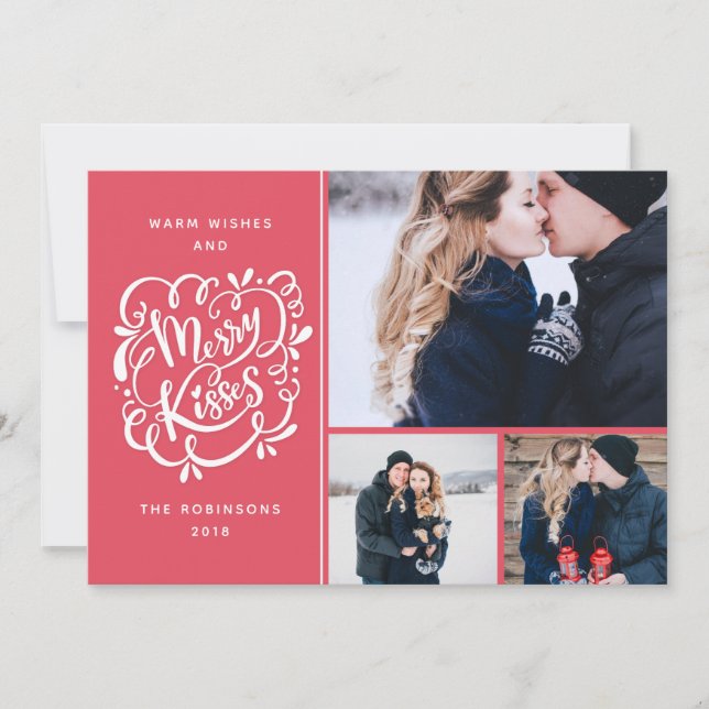 Hand Drawn Merry Kisses Christmas Multi-Photo Holiday Card (Front)