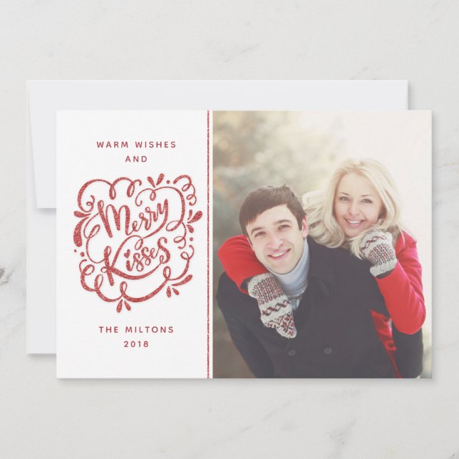 Hand Drawn Merry Kisses Red Glitter Holiday Photo (Front)