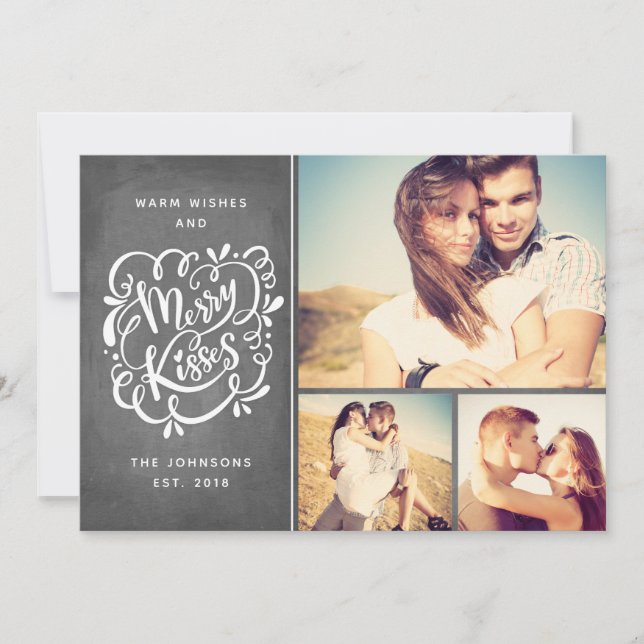 Hand Drawn Merry Kisses Typography Christmas Photo Holiday Card (Front)
