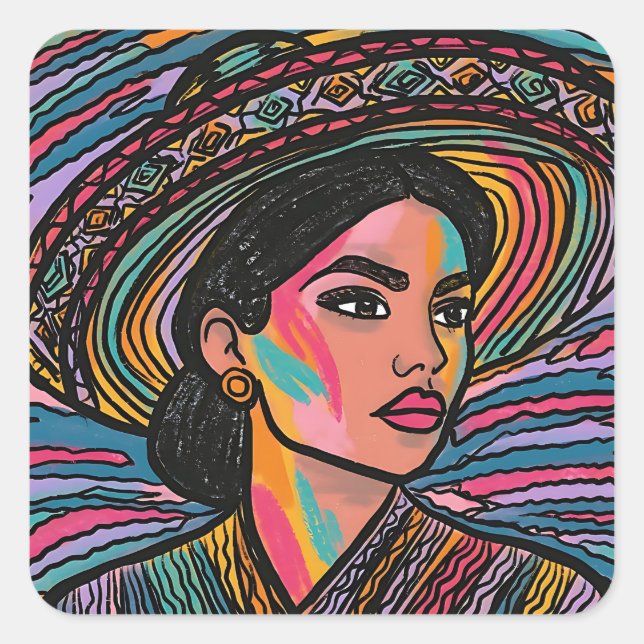 Hand Drawn  Mexican Culture Vibrant Dreamy Design Square Sticker (Front)