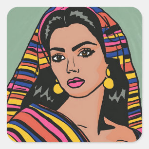 Hand Drawn Mexican Woman Wearing Colourful Sarape Square Sticker