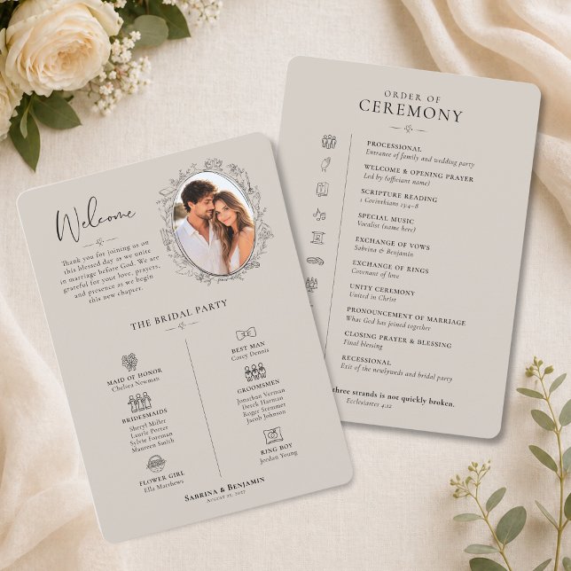 Hand Drawn Minimalist Ceremony Program Programme (Hand Drawn Wedding Program with Photo)
