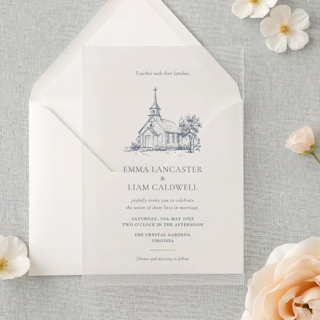 Hand Drawn Minimalist Church Venue, Wedding Acrylic Invitations (Creator Uploaded)