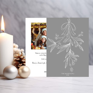 Hand Drawn Mistletoe & Bow Christmas Dusty Gray Holiday Card