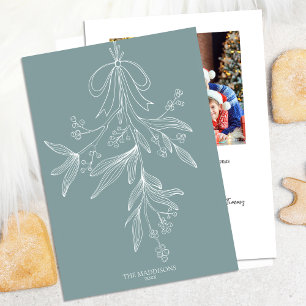 Hand Drawn Mistletoe & Bow Christmas Dusty Green Holiday Card