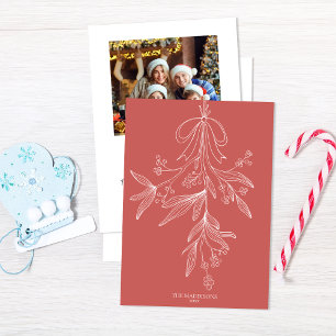 Hand Drawn Mistletoe & Bow Christmas Dusty Red Holiday Card