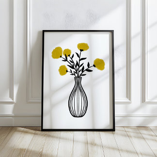 Hand-Drawn Mixed Media Flowers in Vase Poster